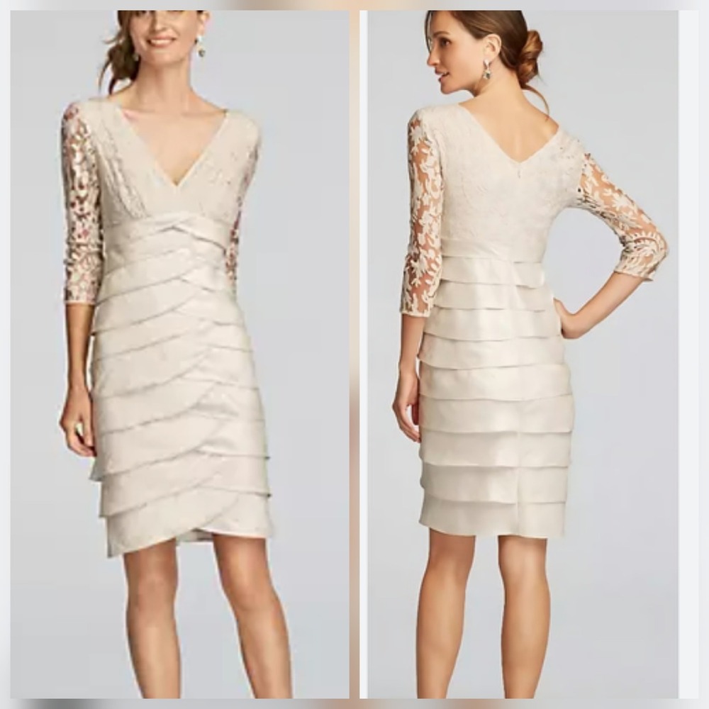 NWT Adrianna Papell Lace 3/4Sleeve Tiered Shimmer Sheath Dress 10 Champagne